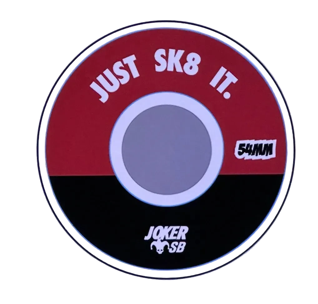 Round sticker with 'Just Sk8 It.' text and 'Joker SB' branding on a purple background