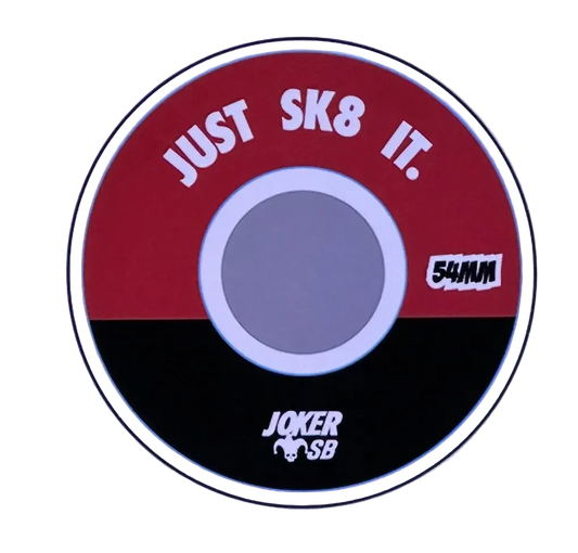 Round sticker with 'Just Sk8 It.' text and 'Joker SB' branding on a purple background