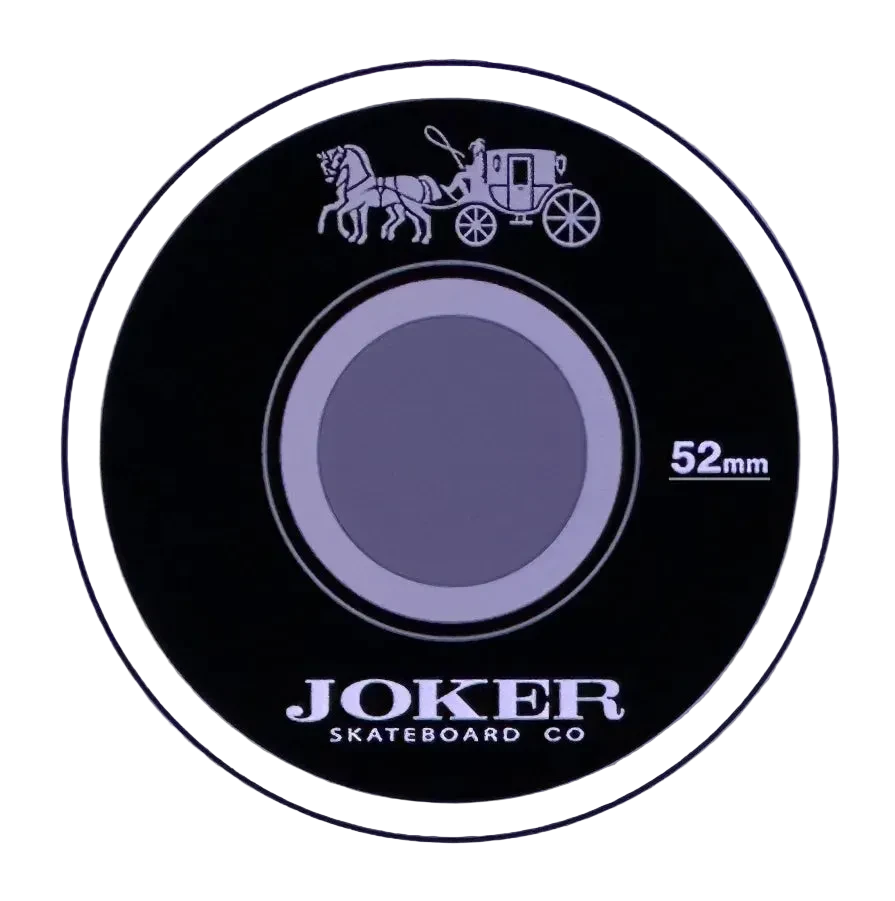 Joker Skateboard Co wheel with horse and carriage illustration on a purple background