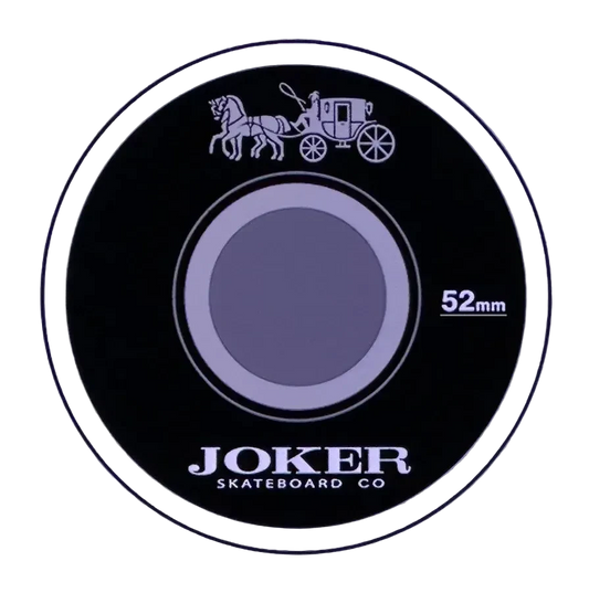 Joker Skateboard Co wheel with horse and carriage illustration on a purple background